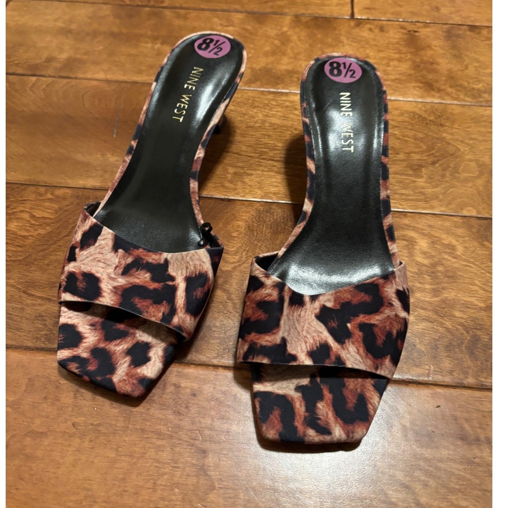 Nine West Womens Leopard Print Square Toe Kitten Heel Slide Sandals Brown 8.5 M
